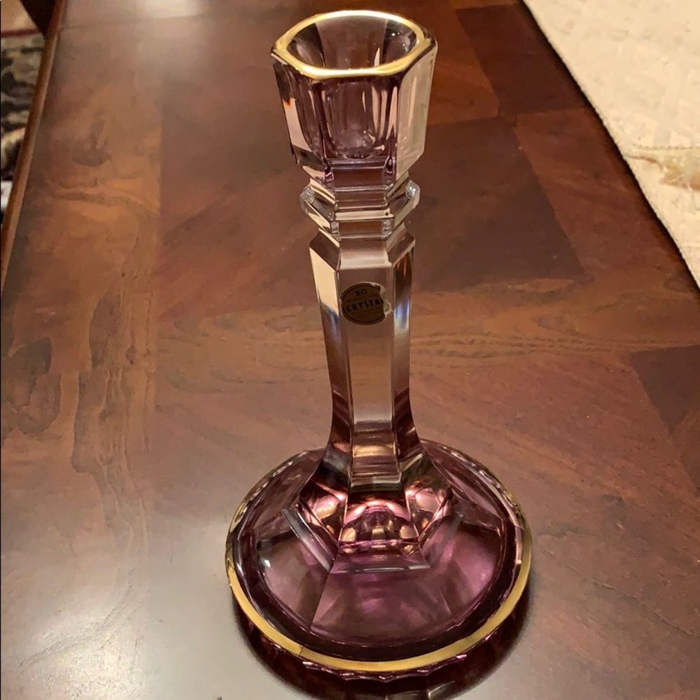 Vintage Bohemia Chrystal Amethyst & Gold Candlestick Holder; Czech Republic
